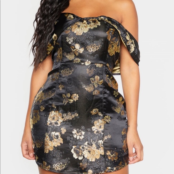 Pretty Little Thing Black and Gold off shoulder dress. - Picture 1 of 5